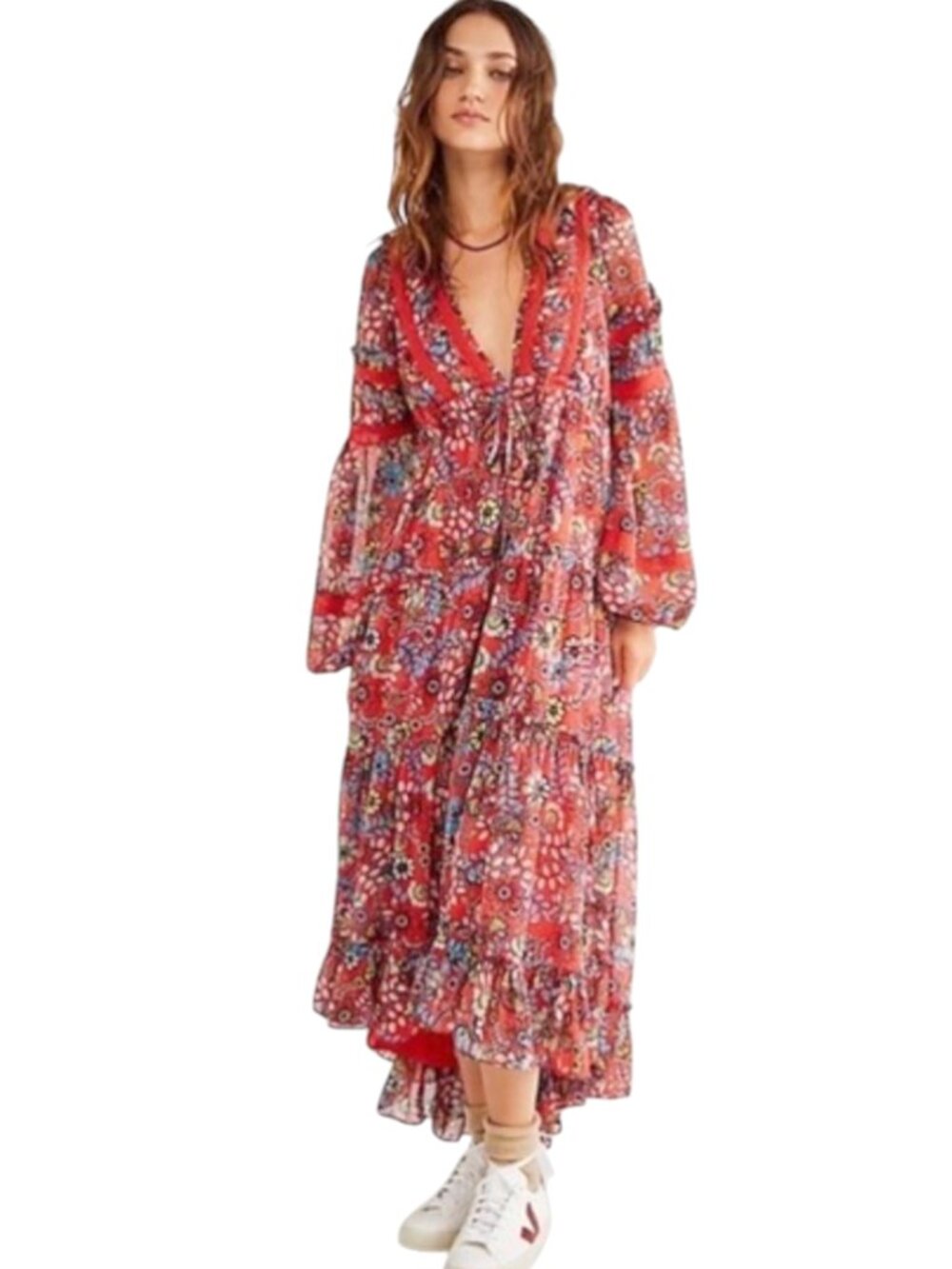 FREE PEOPLE CASIS FLORAL BOHO MIDI DRESS BlOOMCORE FLOWER CHILD ROMANTIC NWT MED